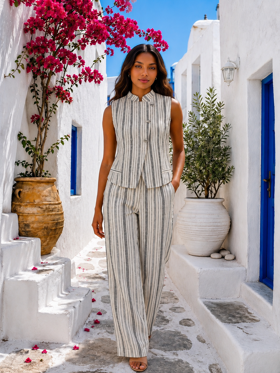 Ensemble rayé gilet asymétrique