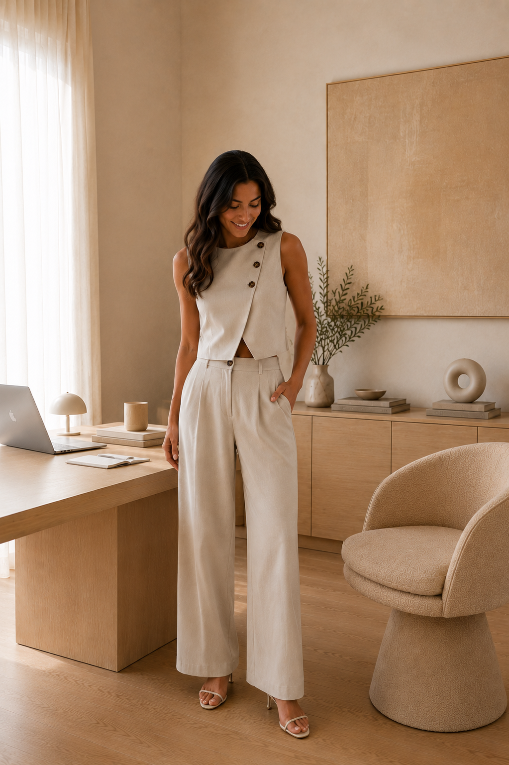 Ensemble gilet asymétrique boutonné et pantalon